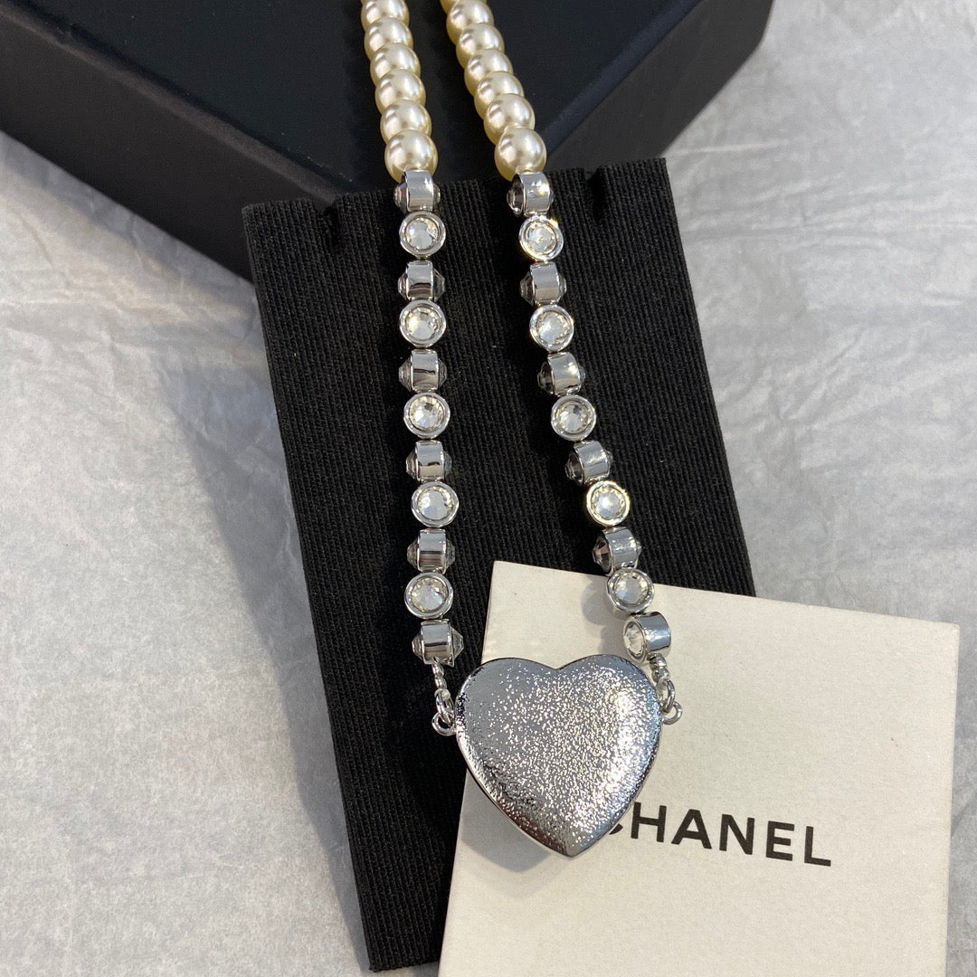 Chanel Blue Heart Pearl Diamond Necklace