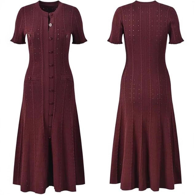 Sandro Elegant Button-Front Midi Dress in Ribbed Eyelet Knit