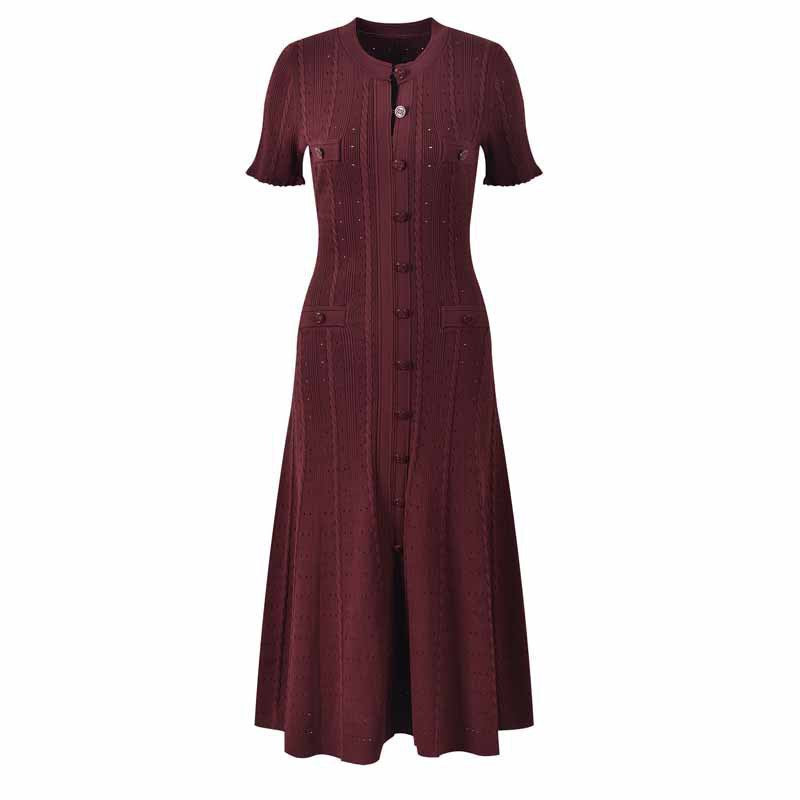 Sandro Elegant Button-Front Midi Dress in Ribbed Eyelet Knit