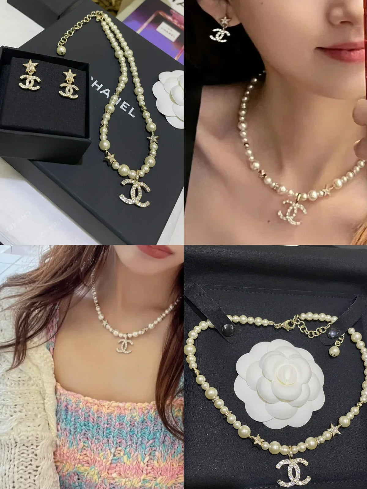 Chanel Pearl Star Necklace Earrings