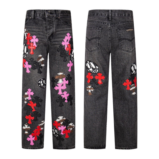 Chrome Hearts Multi Cross Patch Denim Jeans - Grey Gothic Street Pants 1111