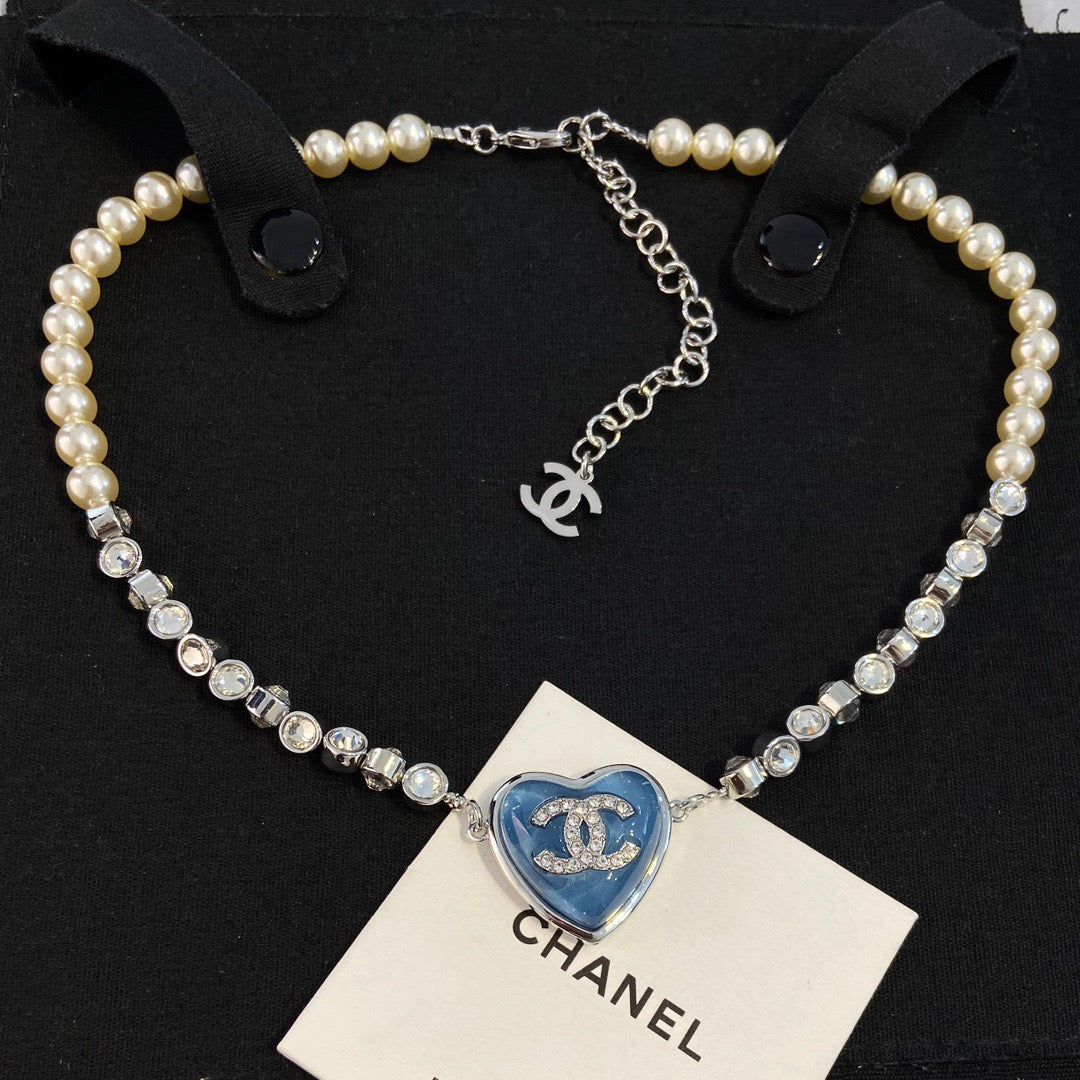 Chanel Blue Heart Pearl Diamond Necklace
