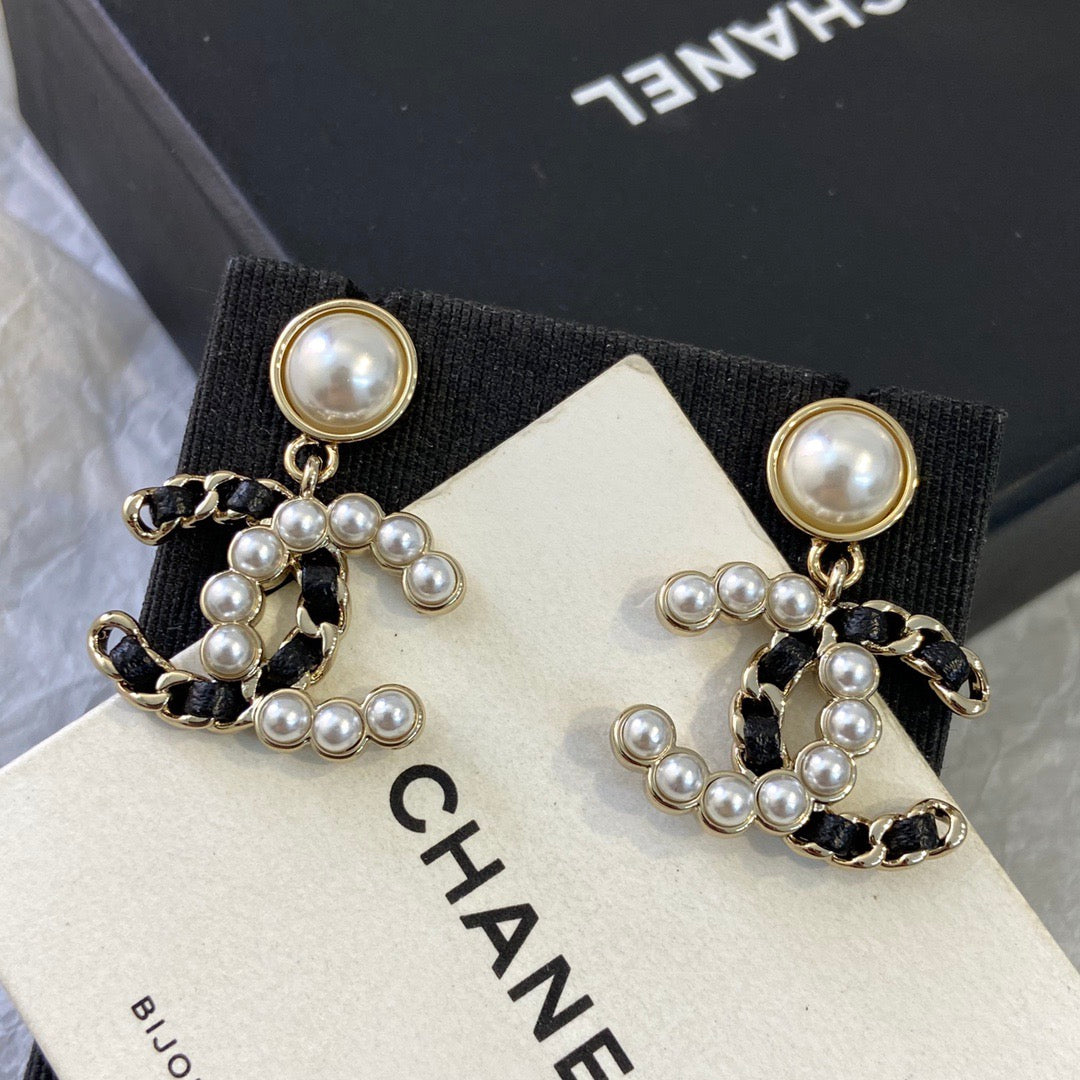 Chanel Black Leather Pearl Earrings