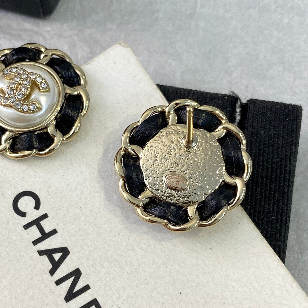 Chanel Black Leather Button Necklace Earrings