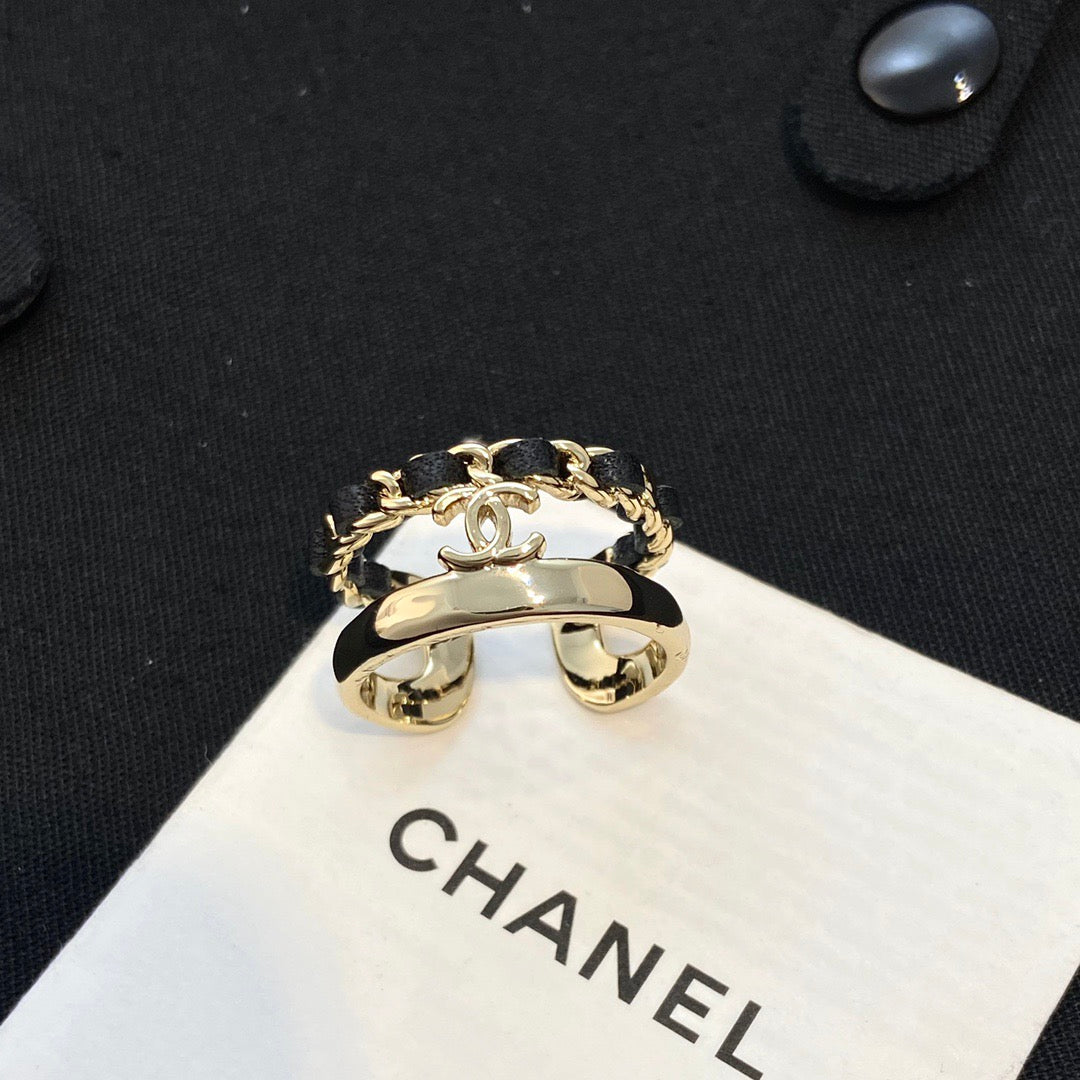 Chanel Black Leather Open End Ring