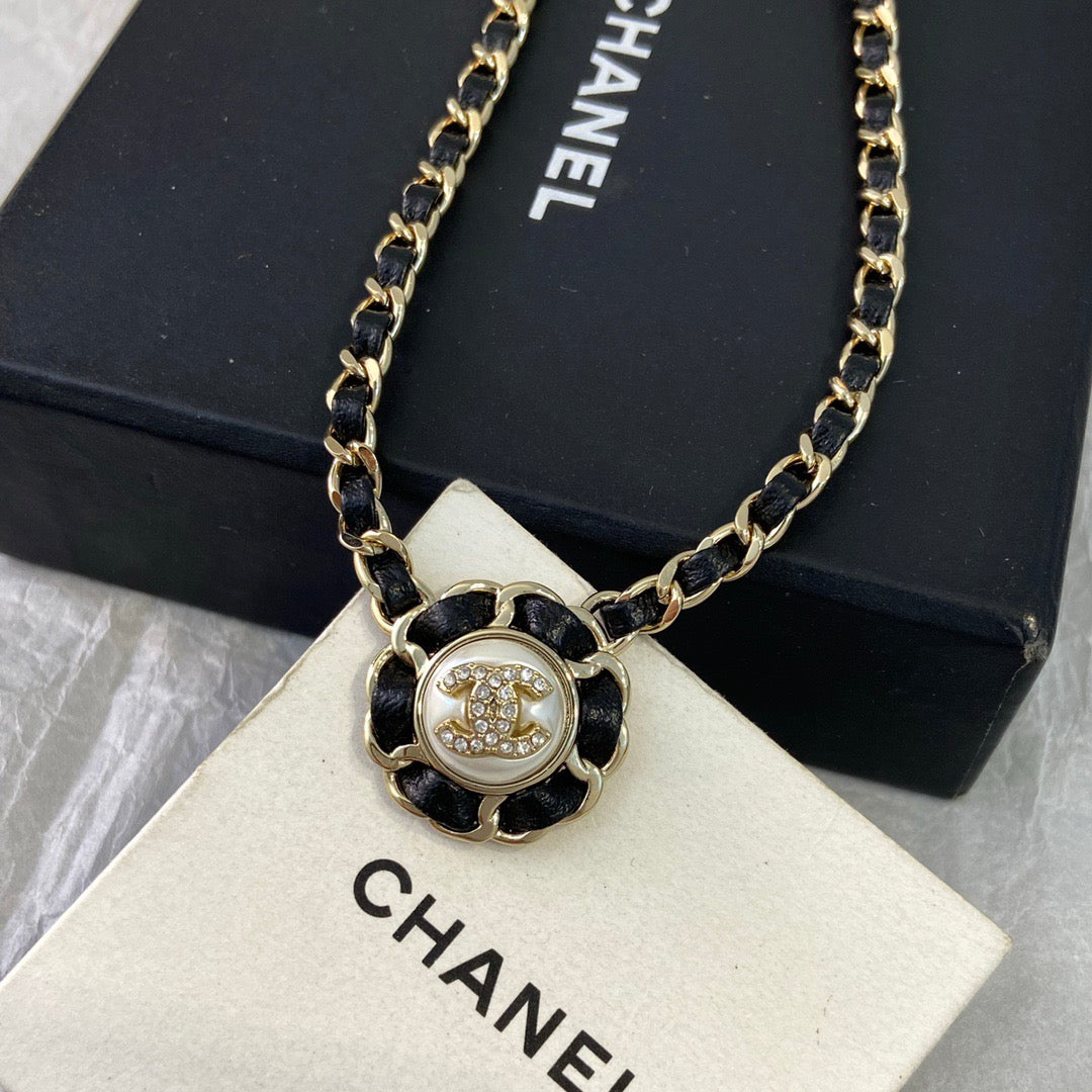 Chanel Black Leather Button Necklace Earrings