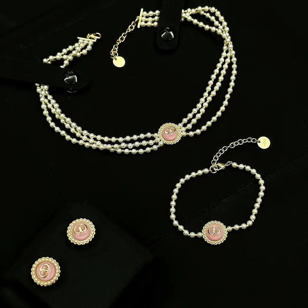 Dior Pearl Pink Candy Necklace Bracelet Earrings