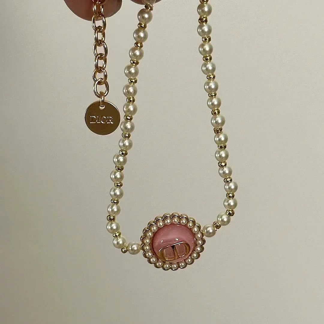 Dior Pearl Pink Candy Necklace Bracelet Earrings
